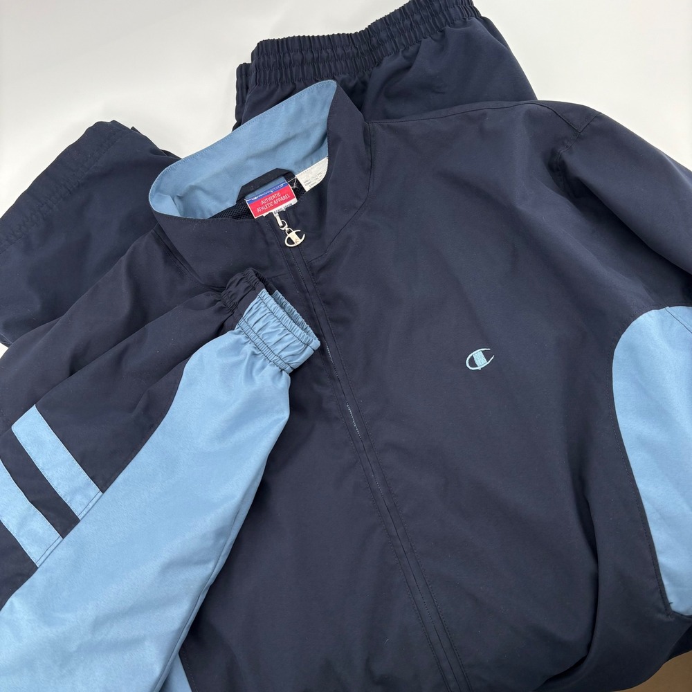 Champion Track Suit Set Men XL Navy Blue Retro Windbreaker Jacket Pants 90s